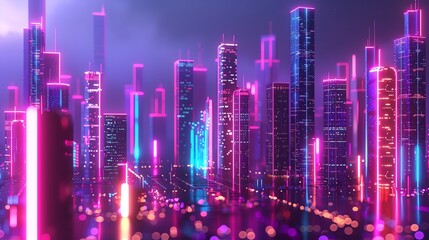 Fototapeta premium A futuristic cityscape with neon lights and a glowing moon.