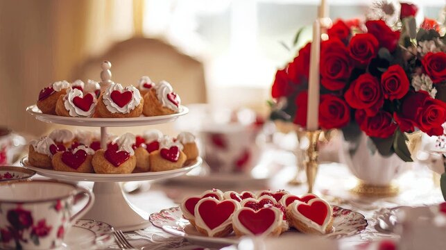 Valentine's themed high tea, heart-shaped pastries, fine china, and red roses arranged elegantly on the table