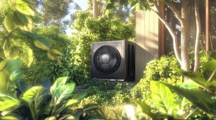 The exterior of a sustainable home featuring a heat pump.