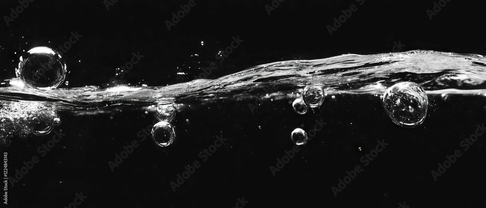 Poster visual effect of water bubbles rising with air bubbles in a black background texture