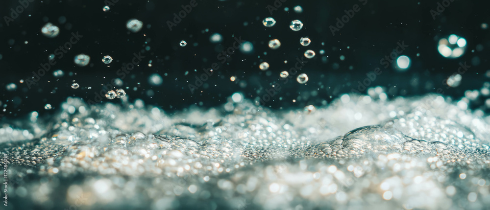 Poster dynamic upward motion of water bubbles with air bubbles on a black background