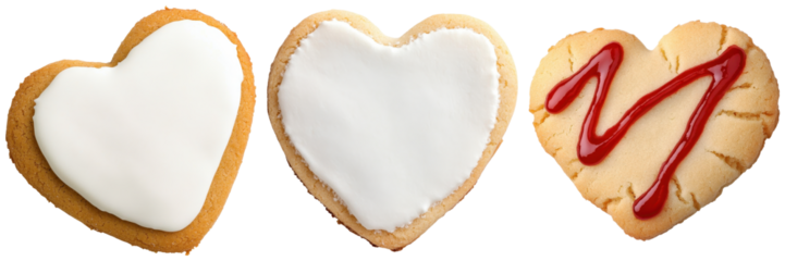 Heart-shaped cookies with icing and red decoration on a dark background.
