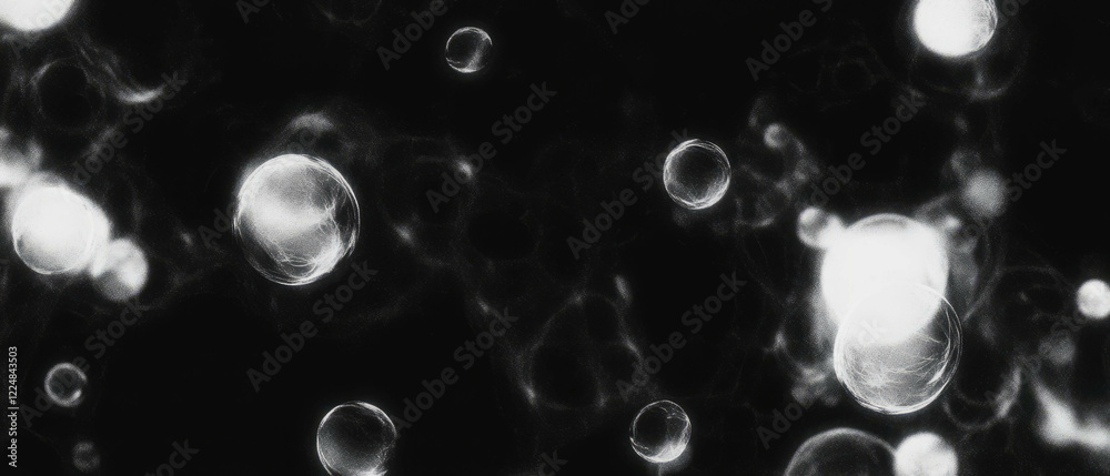 Poster water bubbles forming circular patterns against a black background texture