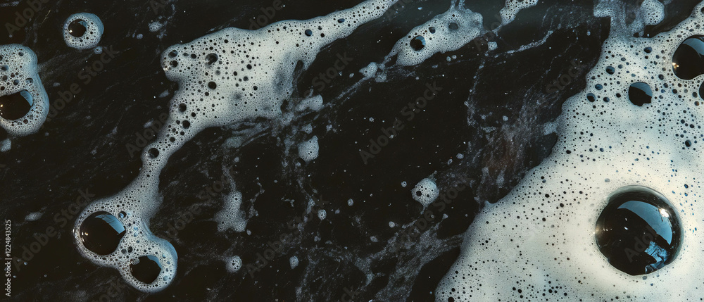 Poster water bubbles forming intricate circles with a geometric design on a dark background