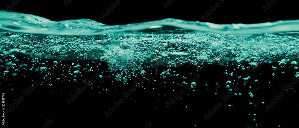 Poster Water bubbles creating a submerged effect against a deep black background for an aquatic feel