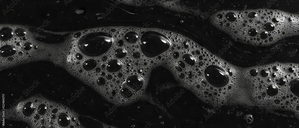 Poster Water bubbles creating a structured overlay texture on a black background