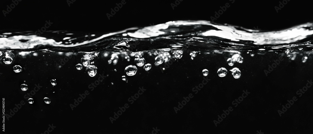 Poster bubbles underwater in deep water with submerged effect against a black background