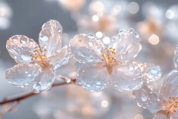 White flowers with water drops shining in sunlight during spring morning