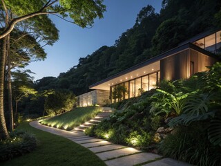Obraz premium Night Photography: Modern Architecture Amidst Lush Greenery