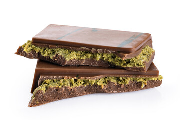 Dubai chocolate with pistachios and kadaif isolated on white background. With clipping path.