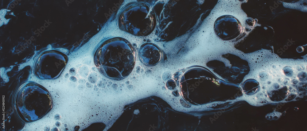 Poster water bubbles with three-dimensional shadows on a textured black background