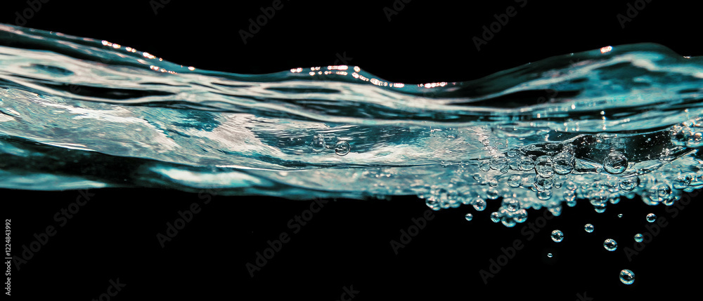 Poster Water bubbles float in a clear liquid on a black background, creating an elegant translucent effect