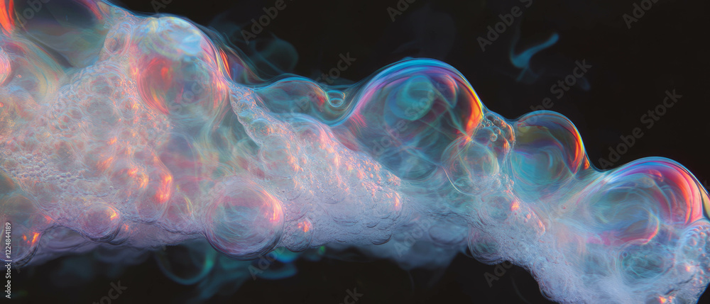 Poster water bubbles arranged in patterns against a black background displaying vibrant colors