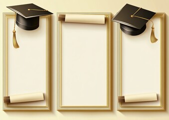 Three vertical gold frames with blank white centers are arranged side by side