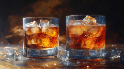 Glass of whiskey with ice cubes on the stoneware table with copy space - Old fashioned cocktail drink.