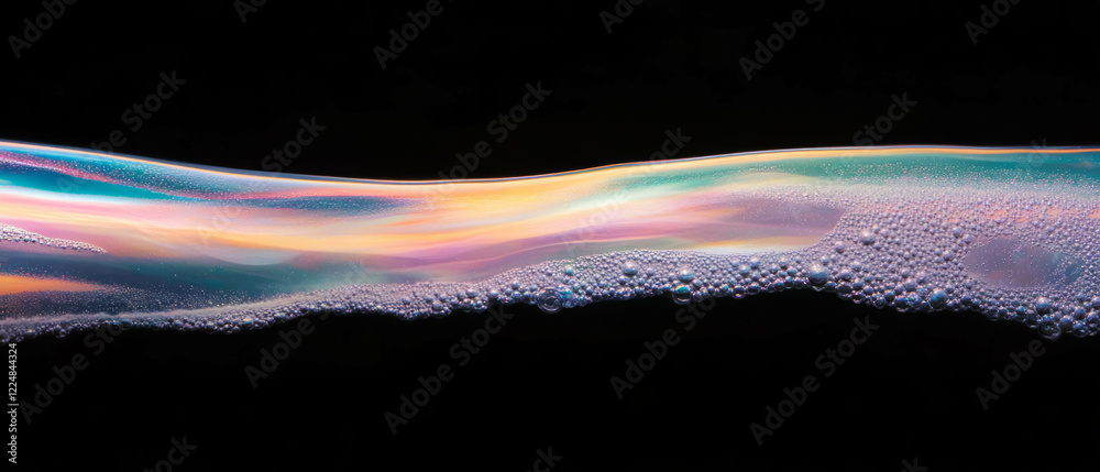 Poster Water bubbles create a mesmerizing texture with vibrant hues on a black background