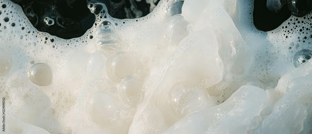 Poster Bubbles trapped in ice create a frozen texture against a black background