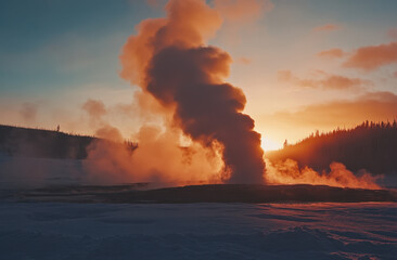 Old Faithful Geyser erupts spectacularly against a vibrant sunset in Yellowstone National Park