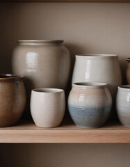 Ceramic pots of various sizes in soft greige tones, empty, arranged in a group on a wooden shelf, emphasis on texture and form