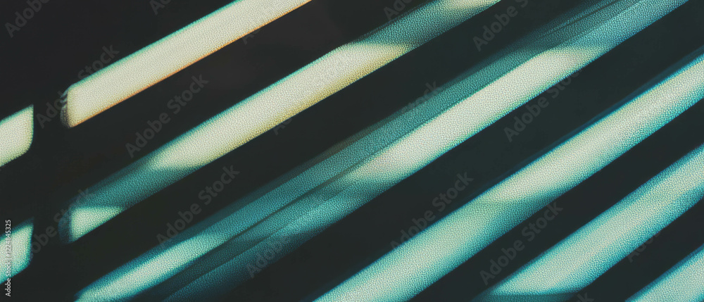 Poster Shadows of window blinds create striped patterns with contrasting light on a dark background