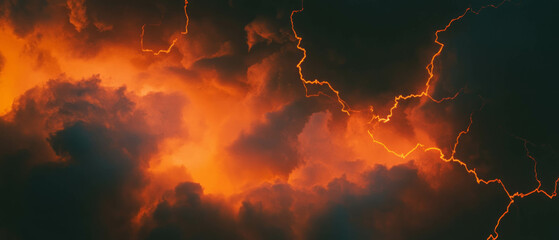 Fiery sky with yellow smoke and red lightning creating a dramatic atmosphere at night