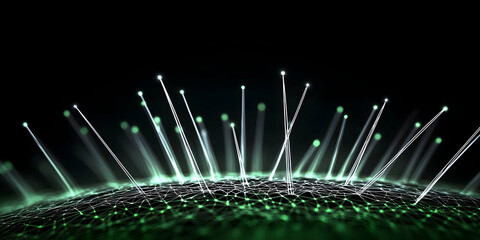 Green fiber optic cables transmit data rapidly across a dark digital landscape.