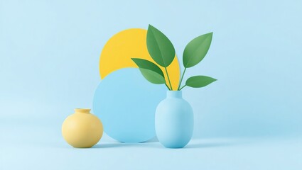 Pastel Vases with Green Leaves and Colorful Circles