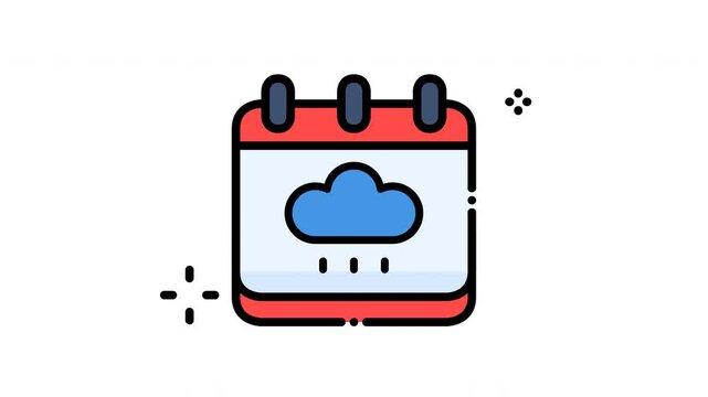 Animated red calendar page with blue rain cloud weather forecast, perfect for meteorology or climaterelated designs, weather apps, websites, and blogs.