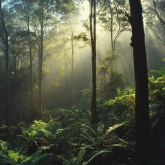 Obraz premium Sunbeams illuminating misty forest, ferns.