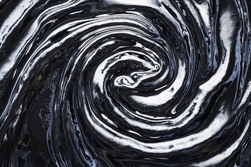 Abstract swirling pattern of black and silver paint creating a dynamic visual effect