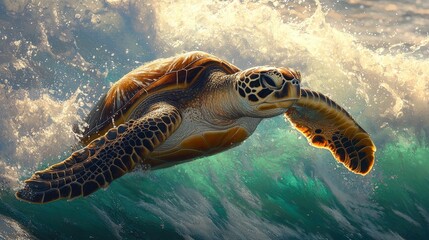 Majestic sea turtle gliding gracefully in warm turquoise waters under sunlight