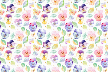 水彩画カラフルなパンジーのシームレスパターン背景