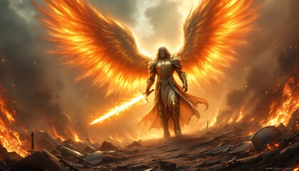 Fiery Angel Warrior Fantasy Art Epic Battle Scene