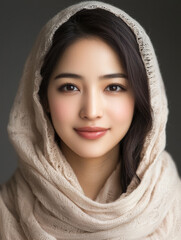 Obraz premium Serene woman, veiled in soft beige knit fabric.