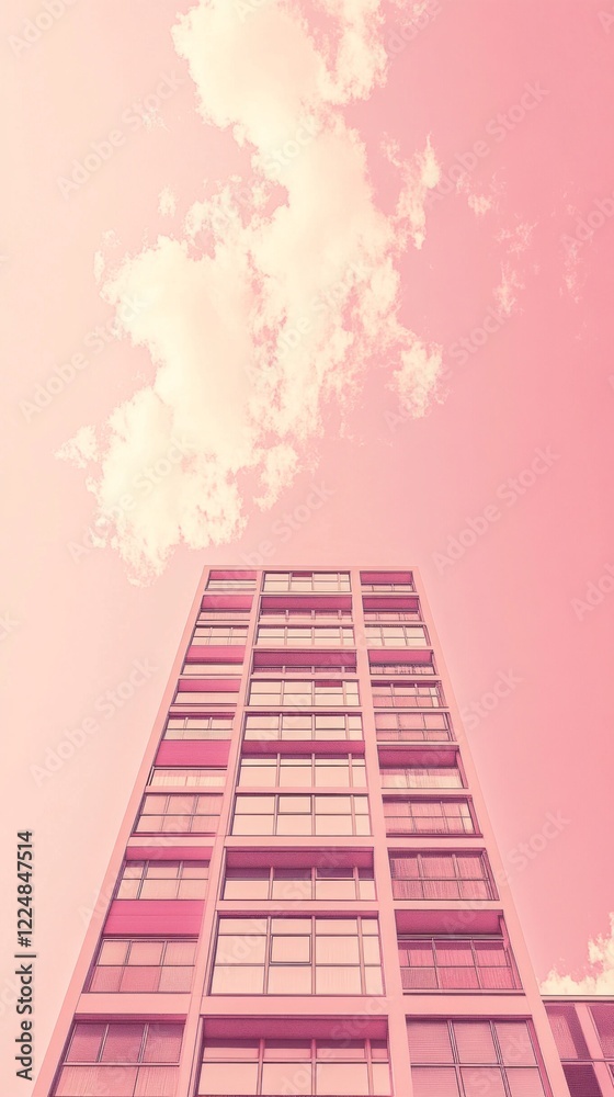 Aufkleber a striking low-angle perspective captures a sleek, modern building rising tall against a dreamy pink