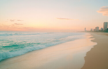 Fototapeta premium Serene beach at sunset with soft pastel colors and gentle waves lapping on the shore