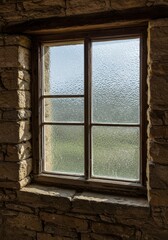Fototapeta premium Rustic stone window with sunlit view of countryside