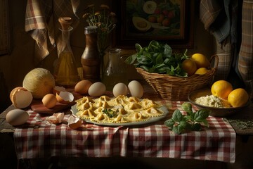Una composizione di ravioli fatti a mano su una tovaglia a quadri, circondati da ingredienti come ricotta, spinaci e uova, con un'atmosfera calda e familiare