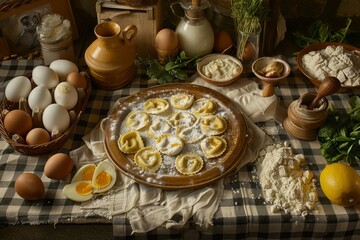 Una composizione di ravioli fatti a mano su una tovaglia a quadri, circondati da ingredienti come ricotta, spinaci e uova, con un'atmosfera calda e familiare
