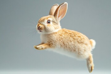 Fototapeta premium Cute brown baby rabbit jumping on gray background