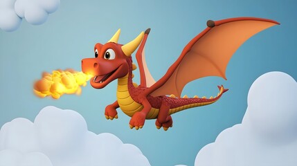 Naklejka premium Friendly Dragon Character Breathing Fire in 3D Cartoon Style featuring Fluffy Clouds and Bright Blue Sky with Whimsical Flying Adventure Scene