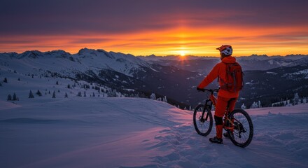 Obraz premium Cyclist admiring breathtaking mountain sunset in snowy winter landscape