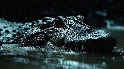 Obraz premium Crocodile lurking in water at night, predator, wildlife, dark lighting, reflection, aquatic environment, hidden threat, reptile, river, hunting