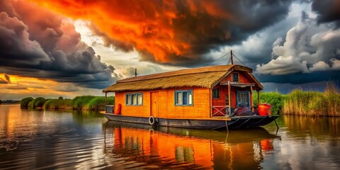 Fototapeta premium Orange Thatched Houseboat, Dramatic Sky, Tropical Waterfront Home