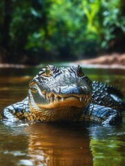 Fototapeta premium Crocodile swimming at sunset, predator, wildlife, golden light, reflection, river, natural habitat, wetlands, silhouette, reptile