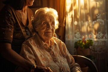 Donna anziana dal sorriso sereno, seduta su una sedia accanto a una finestra illuminata dal sole, con un'assistente premurosa che le tiene la mano. Atmosfera calda e accogliente.