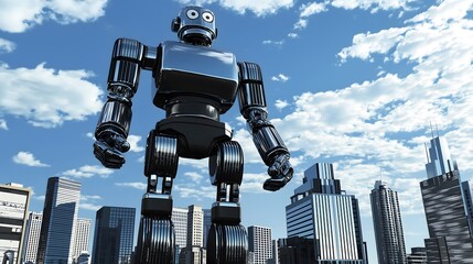 Giant Robot Guardian Over Modern City in 3D Cartoon Style featuring Blue Sky and Urban Skyscraper Landscape