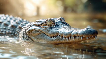 Obraz premium Crocodile swimming at sunset, predator, wildlife, golden light, reflection, river, natural habitat, wetlands, silhouette, reptile