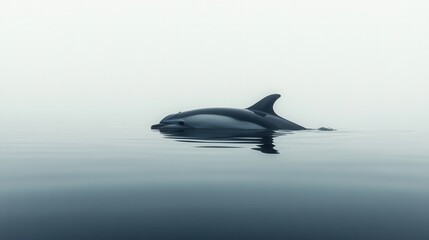 Obraz premium A dolphin gliding smoothly over a mirror-like water surface in a minimalist ocean scene. The serenity and harmony of the sea are conveyed in soft tones and a simple background