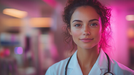 Fototapeta premium Professional image of a female doctor wearing a white lab coat and a stethoscope, exuding confidence and expertise in a medical setting. Ideal for healthcare, wellness, and professional themes